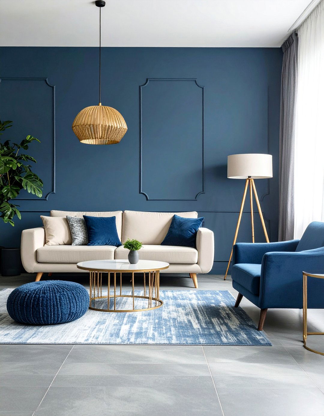 Monochromatic Blue Living Room with Varied Grey Floor Tones - 25 grey floor living room with blue walls ideas