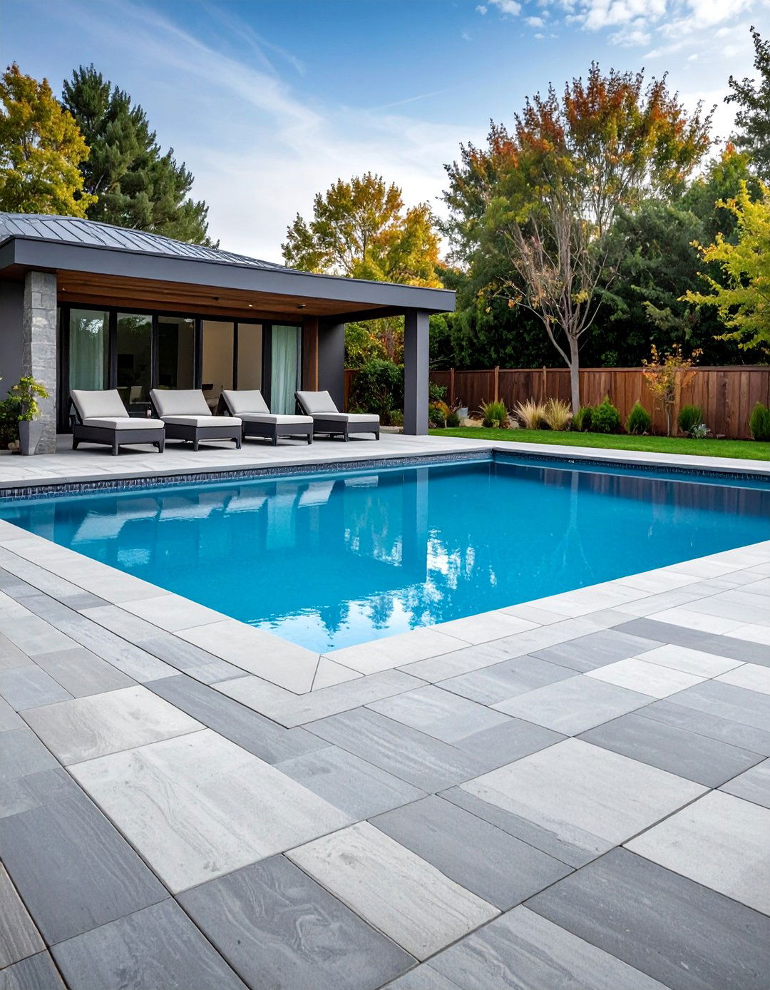 Monochromatic Concrete Paver Pool Deck in Cool Tones - 25 Concrete Pavers Around Pool Ideas