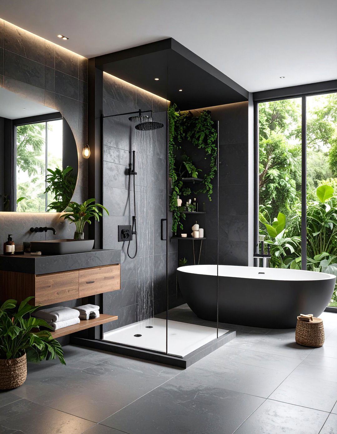 Monochromatic Corner Shower with Textured Black Surfaces - 25 Corner Shower Ideas