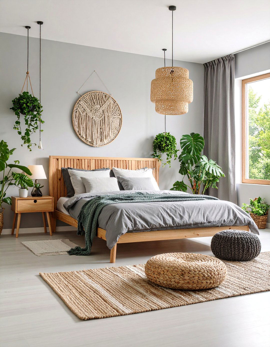 Monochromatic Grey Boho Sanctuary with Natural Lighting - 25 Grey Boho Bedroom Ideas