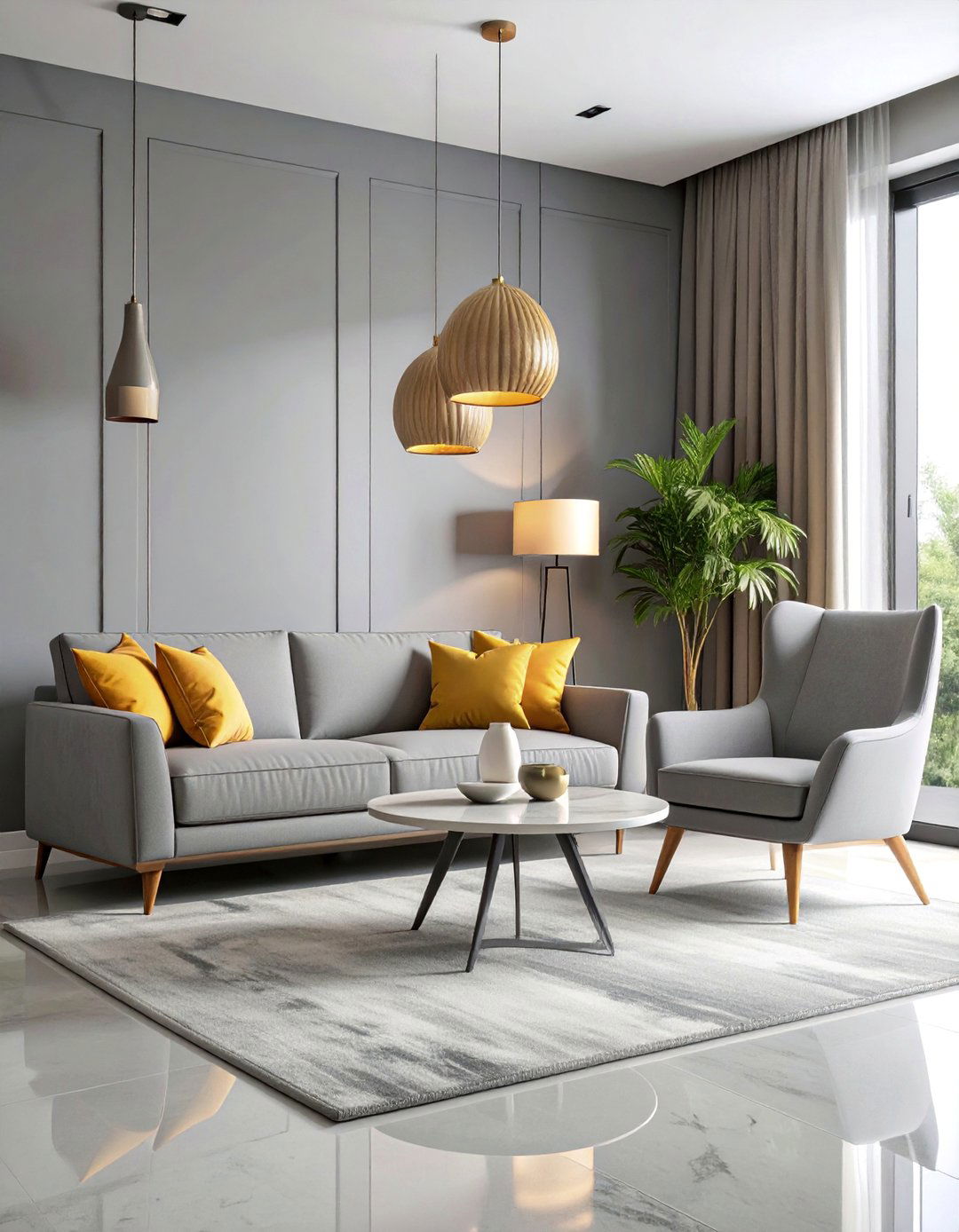 Monochromatic Grey Living Room with Yellow Accents - 25 Grey and Yellow Living Room Ideas