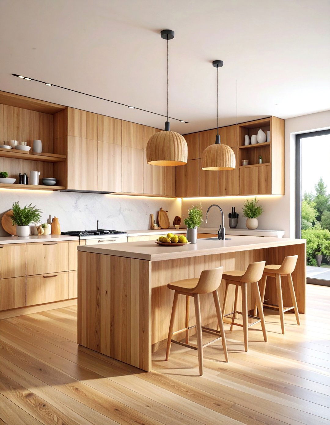 Monochromatic Japandi Kitchen with Wood Grain Focus - 25 Japandi Kitchen Ideas