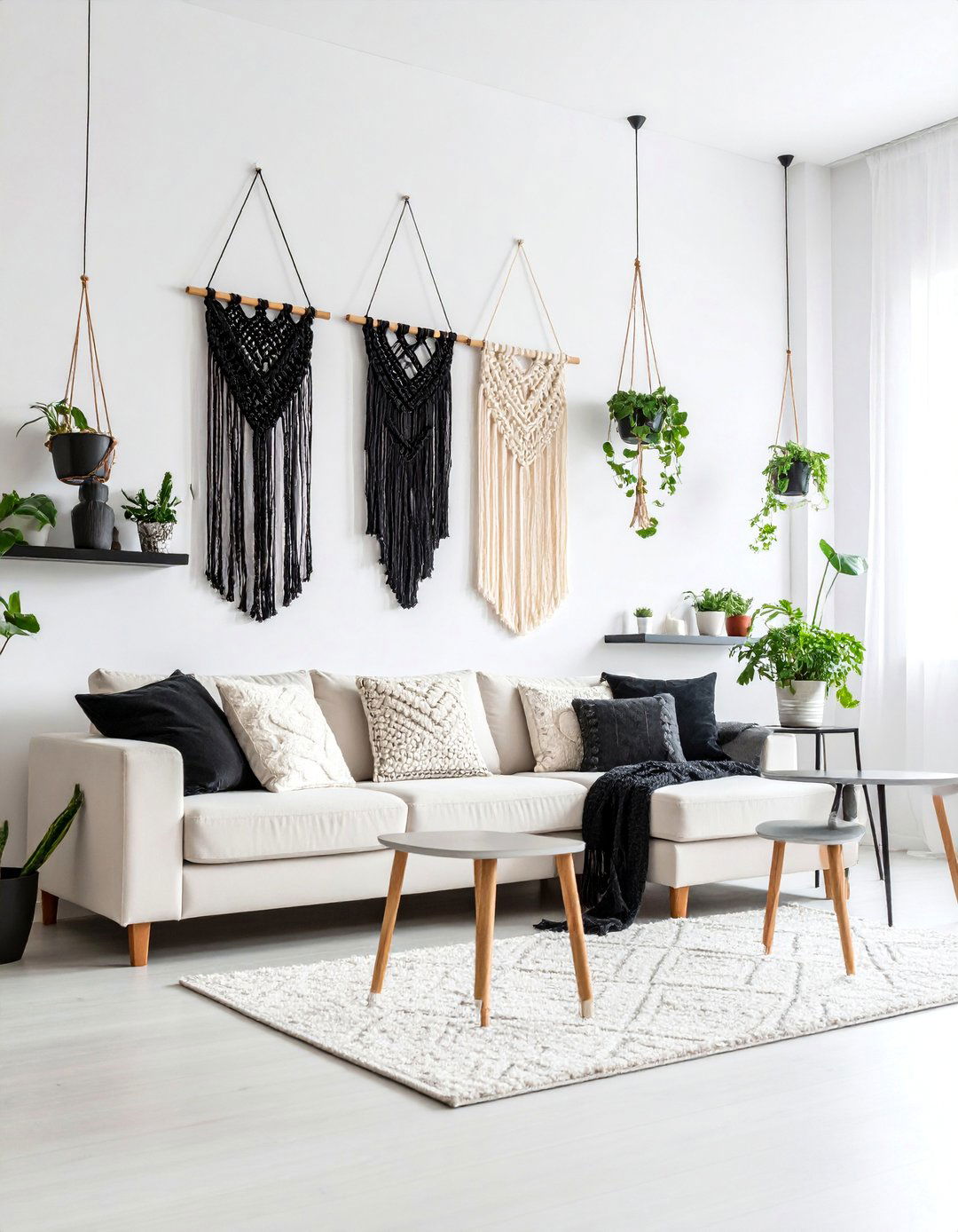 Monochromatic Macrame Gallery Wall Living Room - 25 Black and White Boho Living Room Ideas