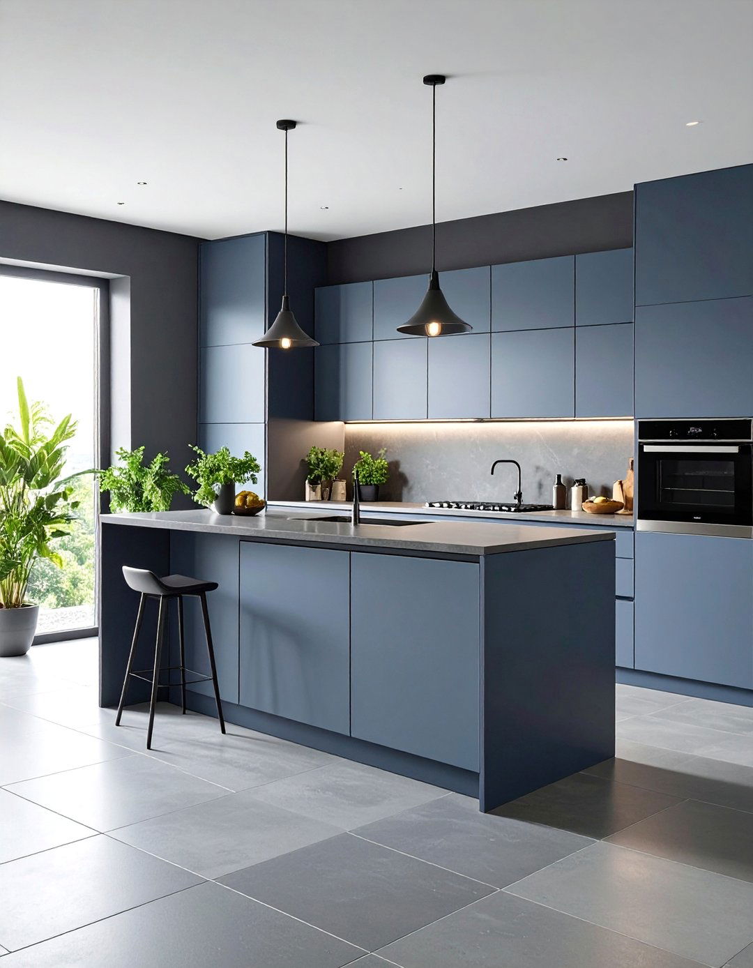 Monochromatic Modern Kitchen with Large Format Grey Tiles - 25 Kitchens With Grey Floors