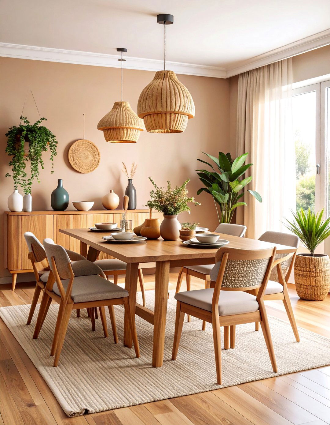 Monochromatic Neutral Dining Room with Natural Wood Warmth - 25 Modern Dining Room Ideas