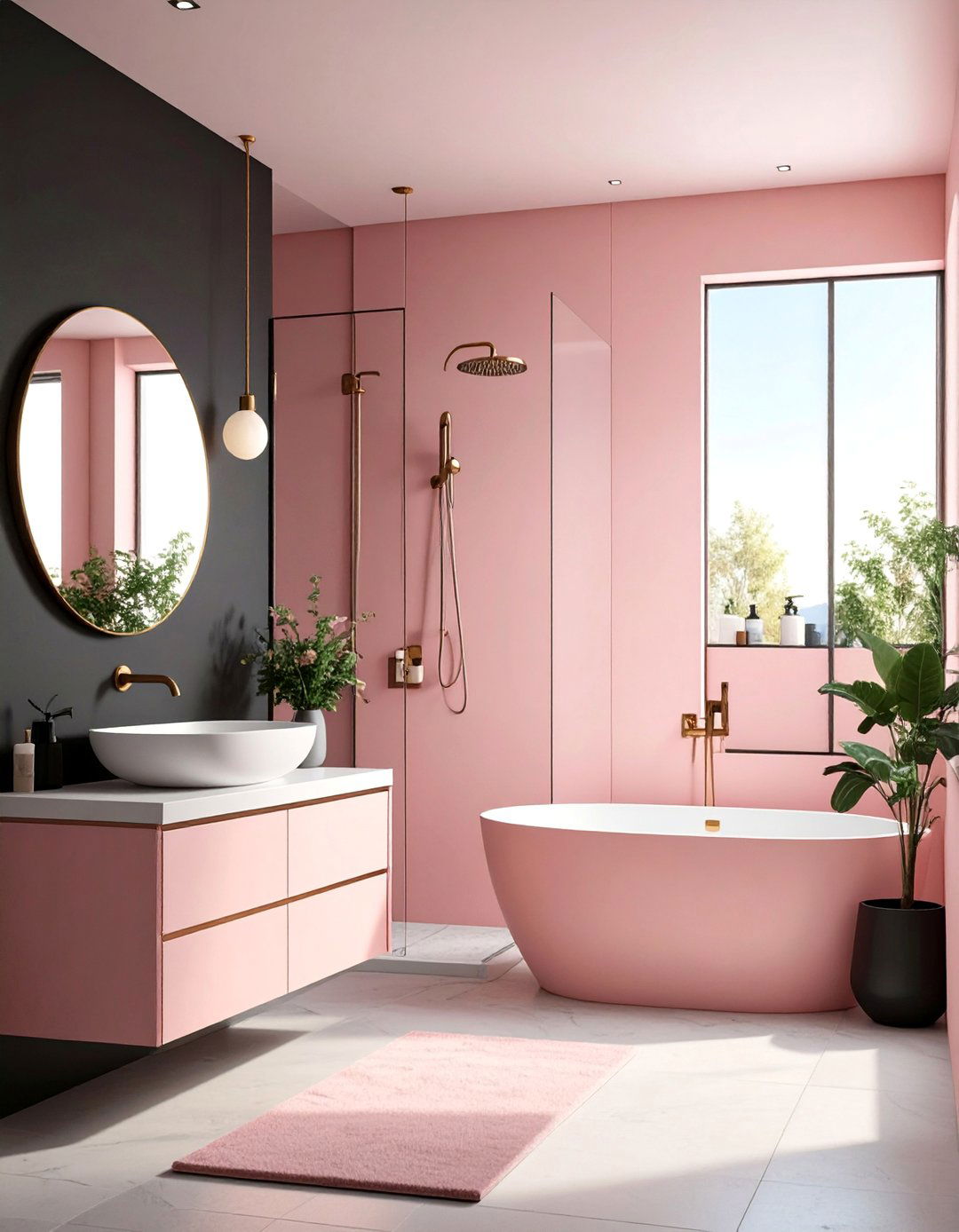 Monochromatic Pink and Black Gradient Bathroom - 25 Pink and Black Bathroom Ideas