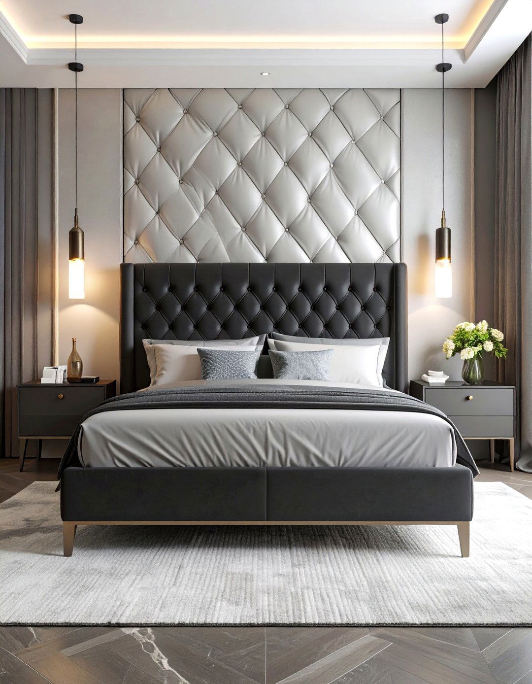 Monochromatic Silver Wallpaper Feature Wall - 25 Black and Silver Bedroom Ideas