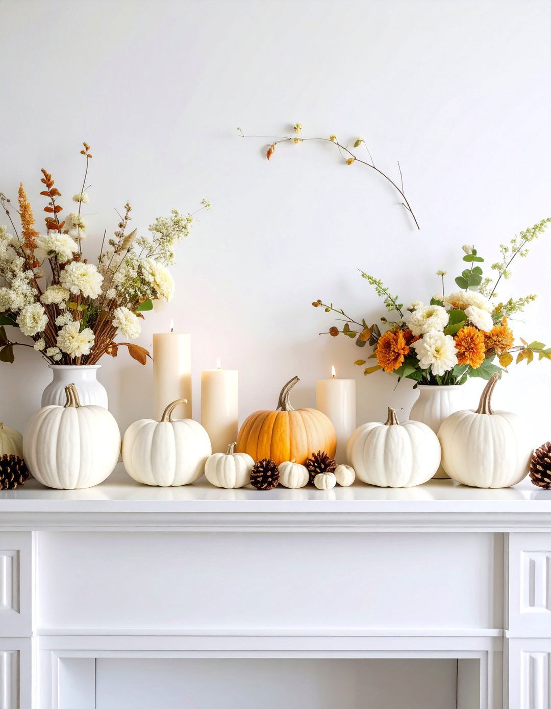 Monochromatic White Fall Mantel - 25 Fall Mantel Decor Ideas