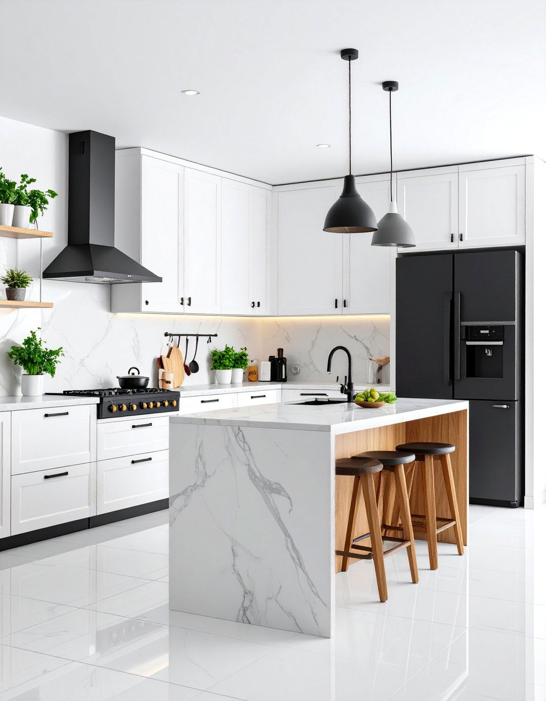 Monochromatic White Kitchen with Matte Black Appliance Collection - 25 White Kitchen with Black Appliances Ideas