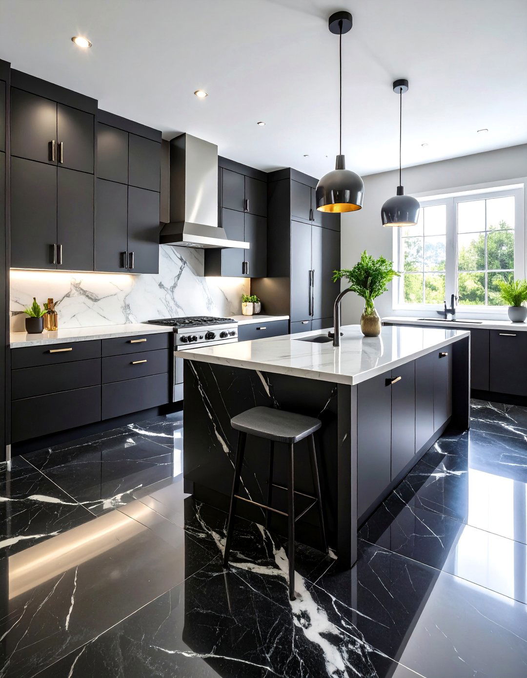 Monochrome Elegance with Black Marble Floors - 25 Black Floor Kitchen Ideas