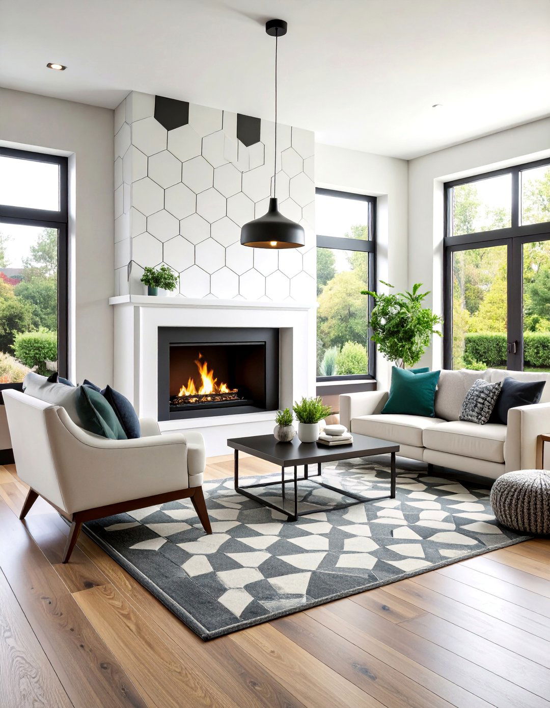 Monochrome Geometric Tile Pattern Fireplace - 25 Black and White Fireplace Ideas