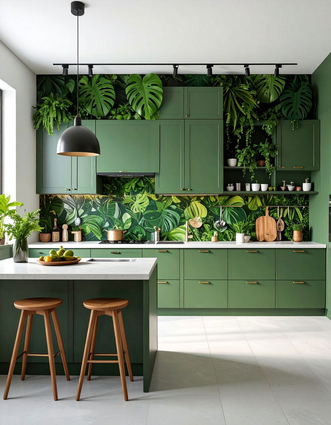 Monstera Jungle Kitchen with Lush Green Elements - 25 Tropical Kitchen Ideas