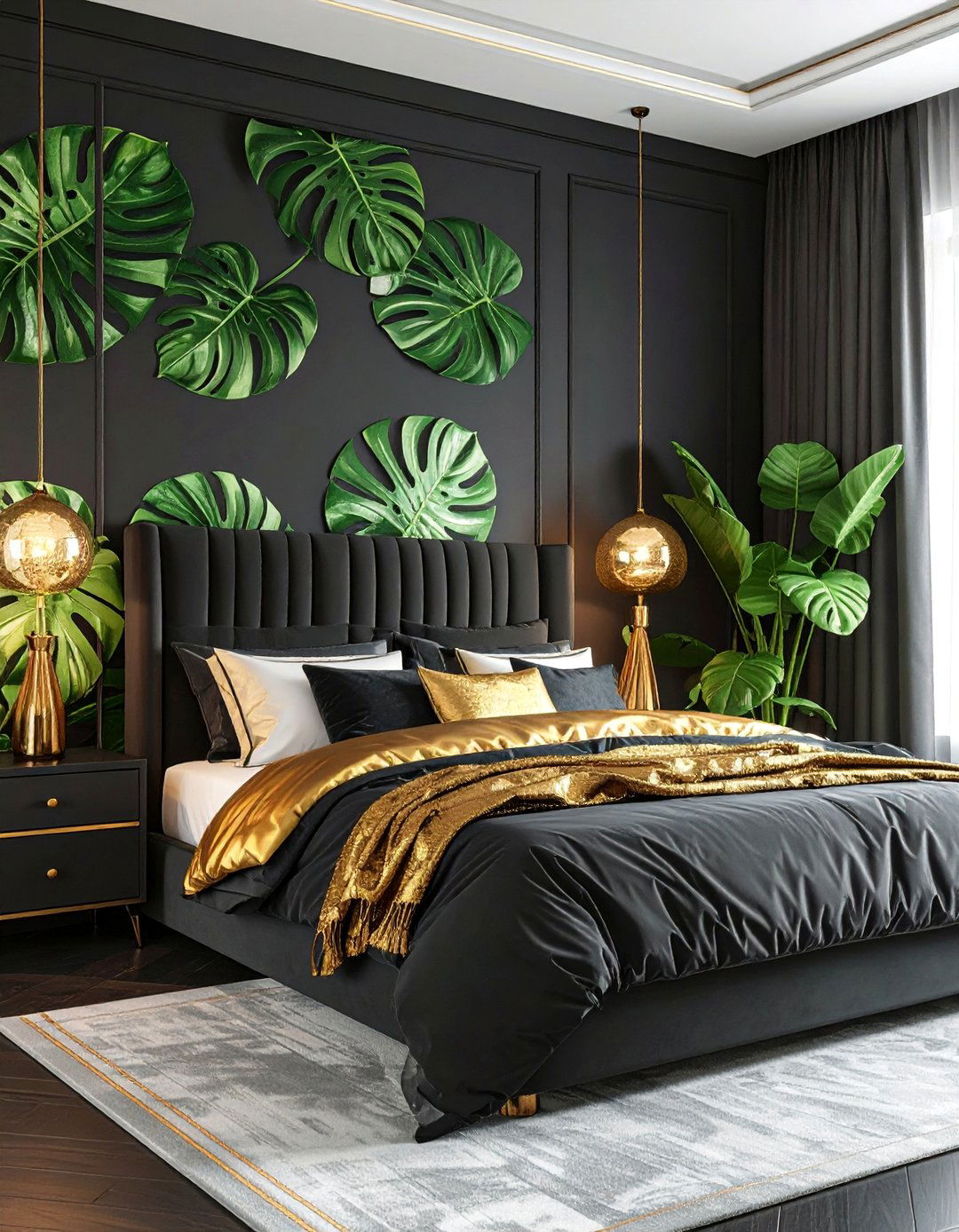Monstera Leaf Bedroom with Black and Gold Accents - 25 Tropical Bedroom Ideas