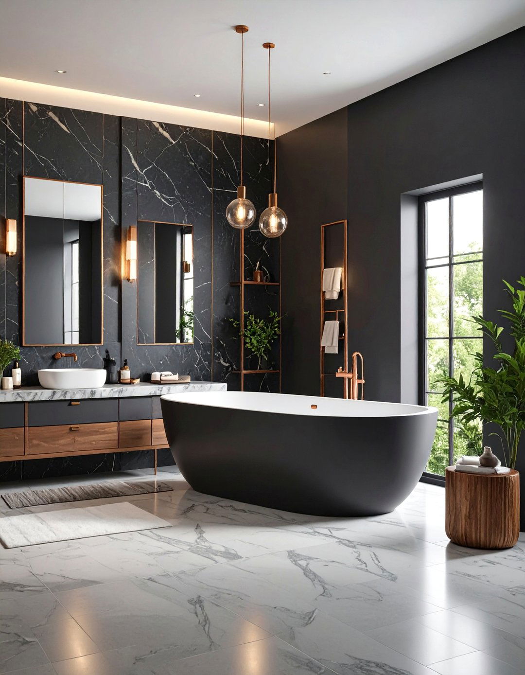Moody Black Master Bathroom with Copper Fixtures - 25 Black Room Ideas