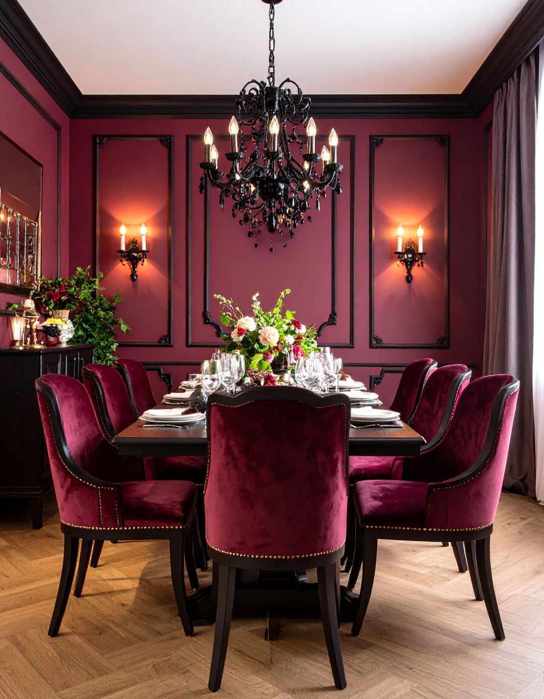Moody Burgundy and Black Dining Room - 25 masculine dining room ideas