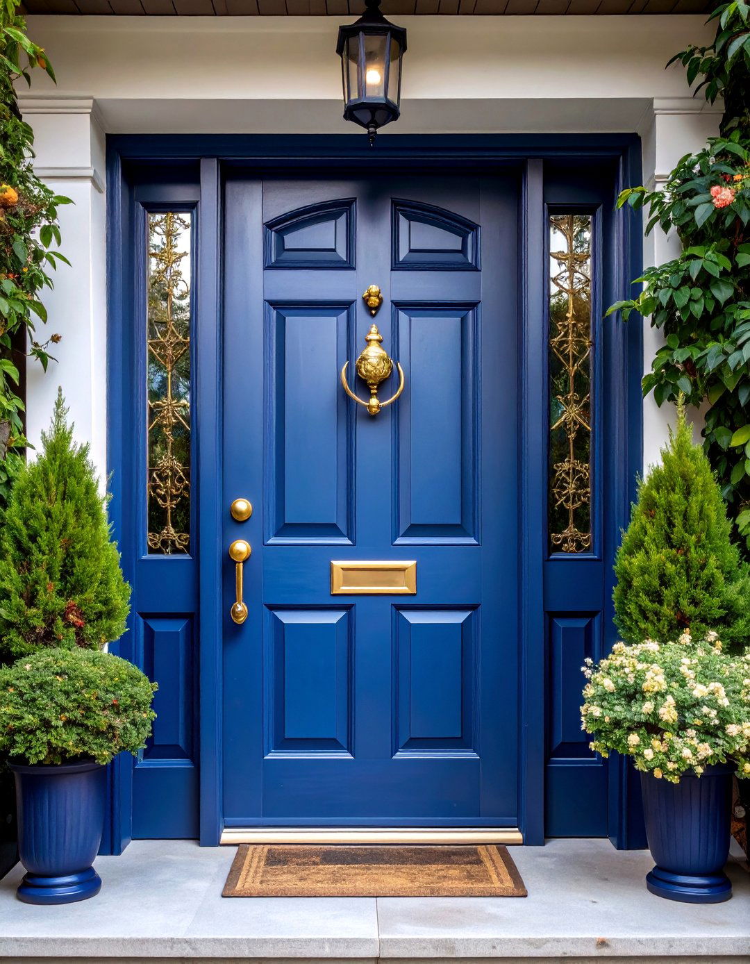 Moody Deep Blue Door with Brass Hardware - 25 Door Painting Ideas