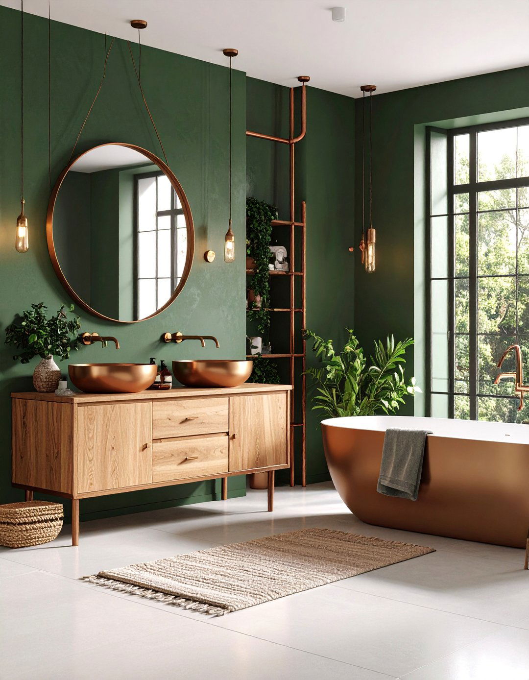 Moody Forest Green Bathroom with Copper Fixtures - 25 Dark Bathroom Ideas