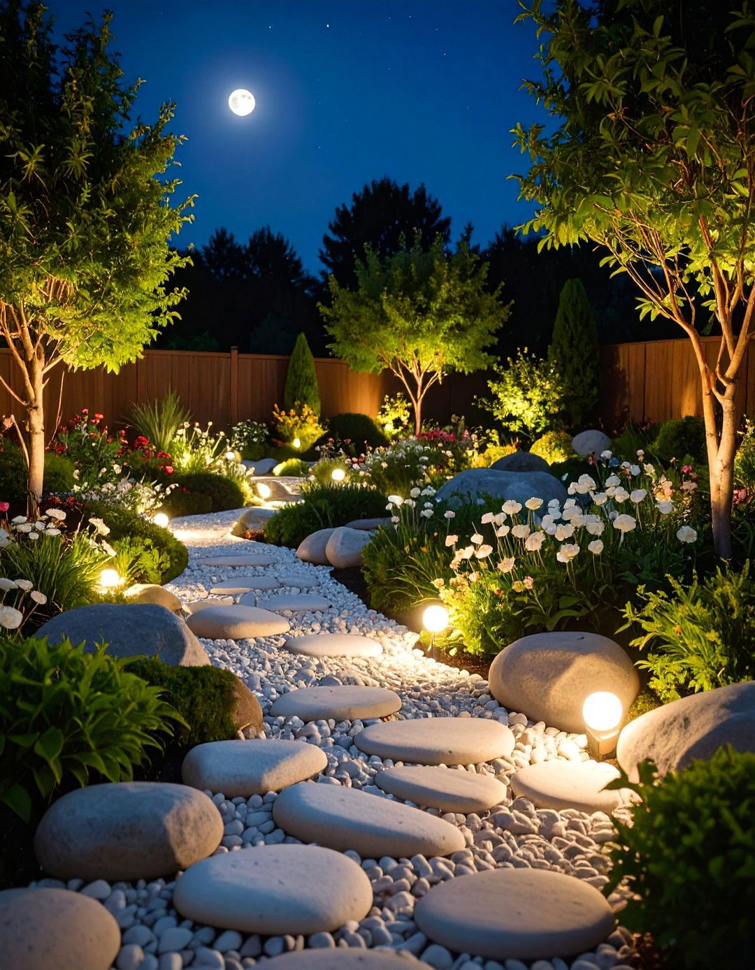 Moonlight Garden River Rock Reflective Edging - 25 River Rock Edging Ideas