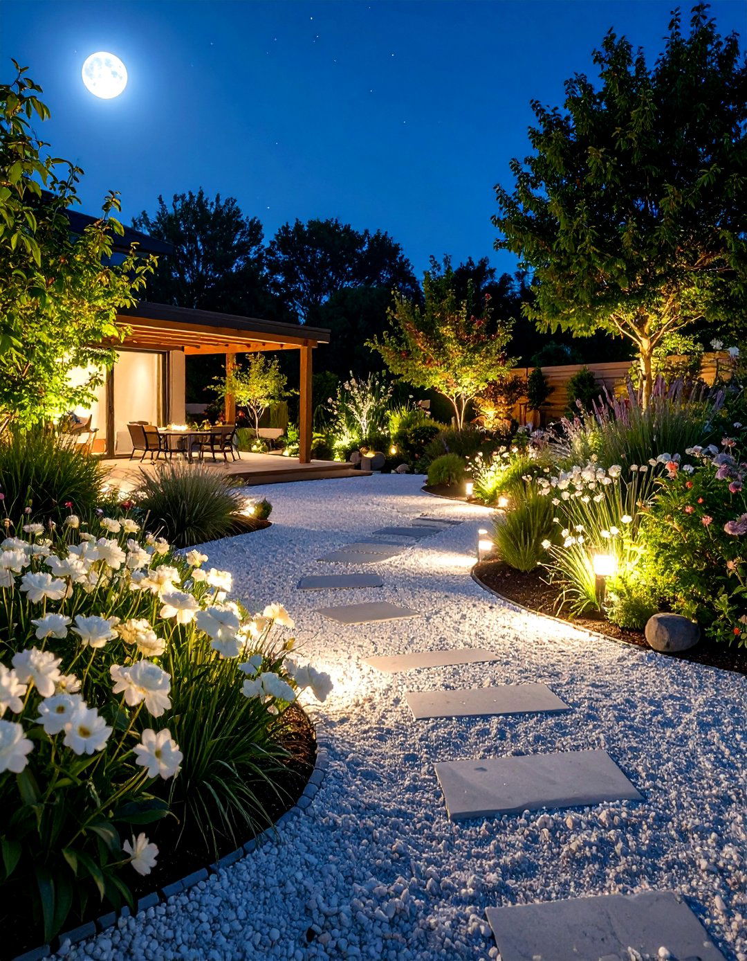 Moonlight Garden with White Flowers - 25 Round Garden Bed Ideas