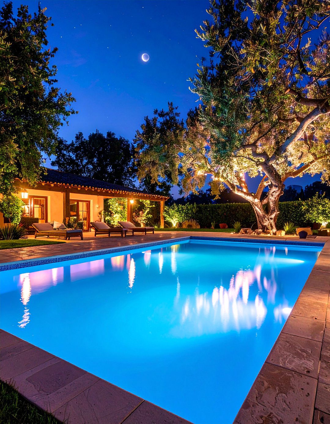 Moonlighting Pool Design with Tree Mounted Fixtures - 25 Pool Lighting Ideas