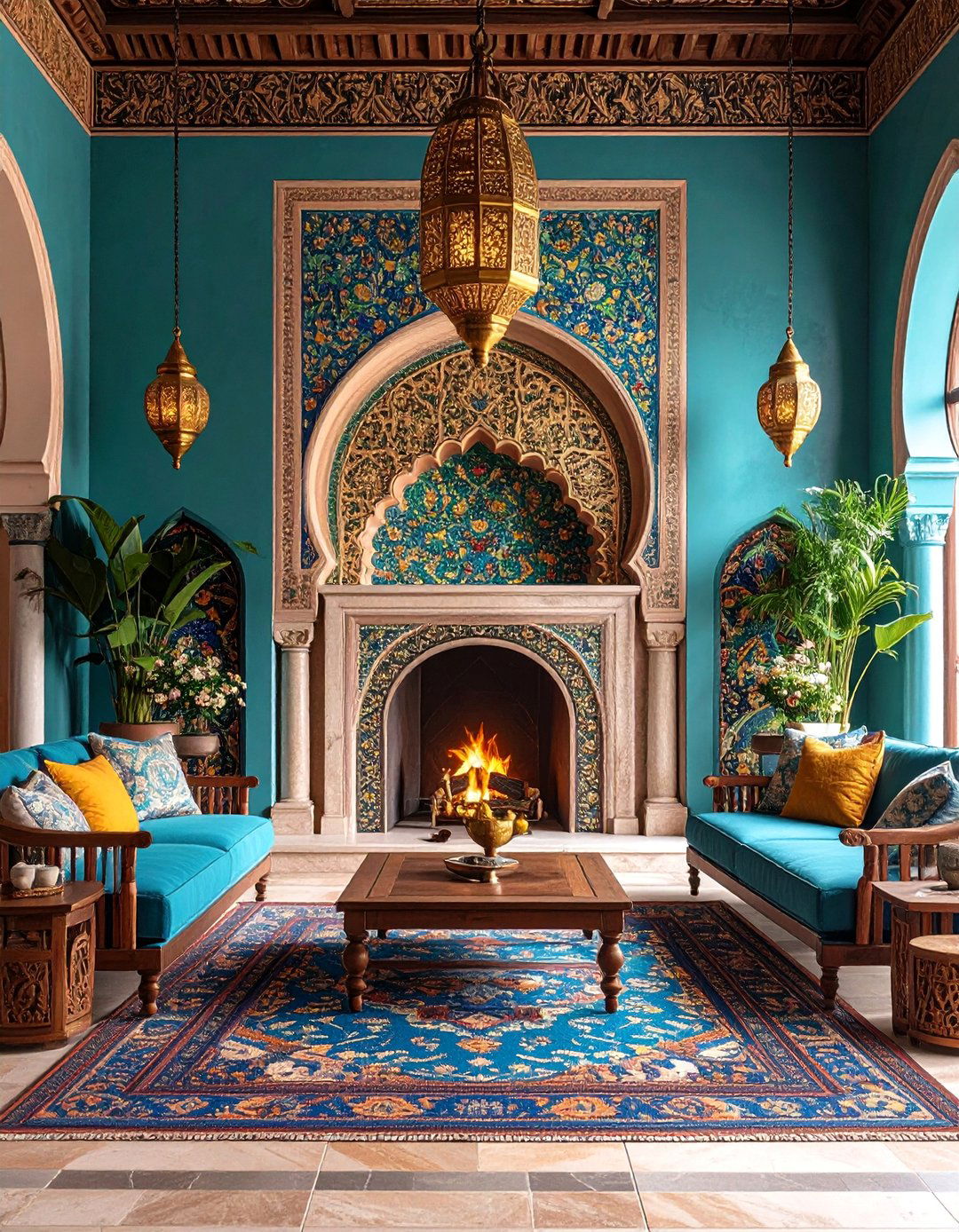 Moorish Arch Fireplace with Intricate Tile Surround - 25 Spanish Style Fireplace Ideas