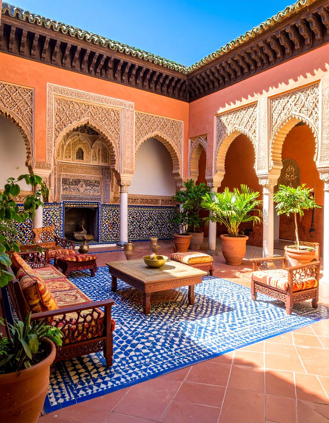Moroccan Courtyard Pavilion with Tiled Fireplace - 25 Backyard Pavilion With Fireplace