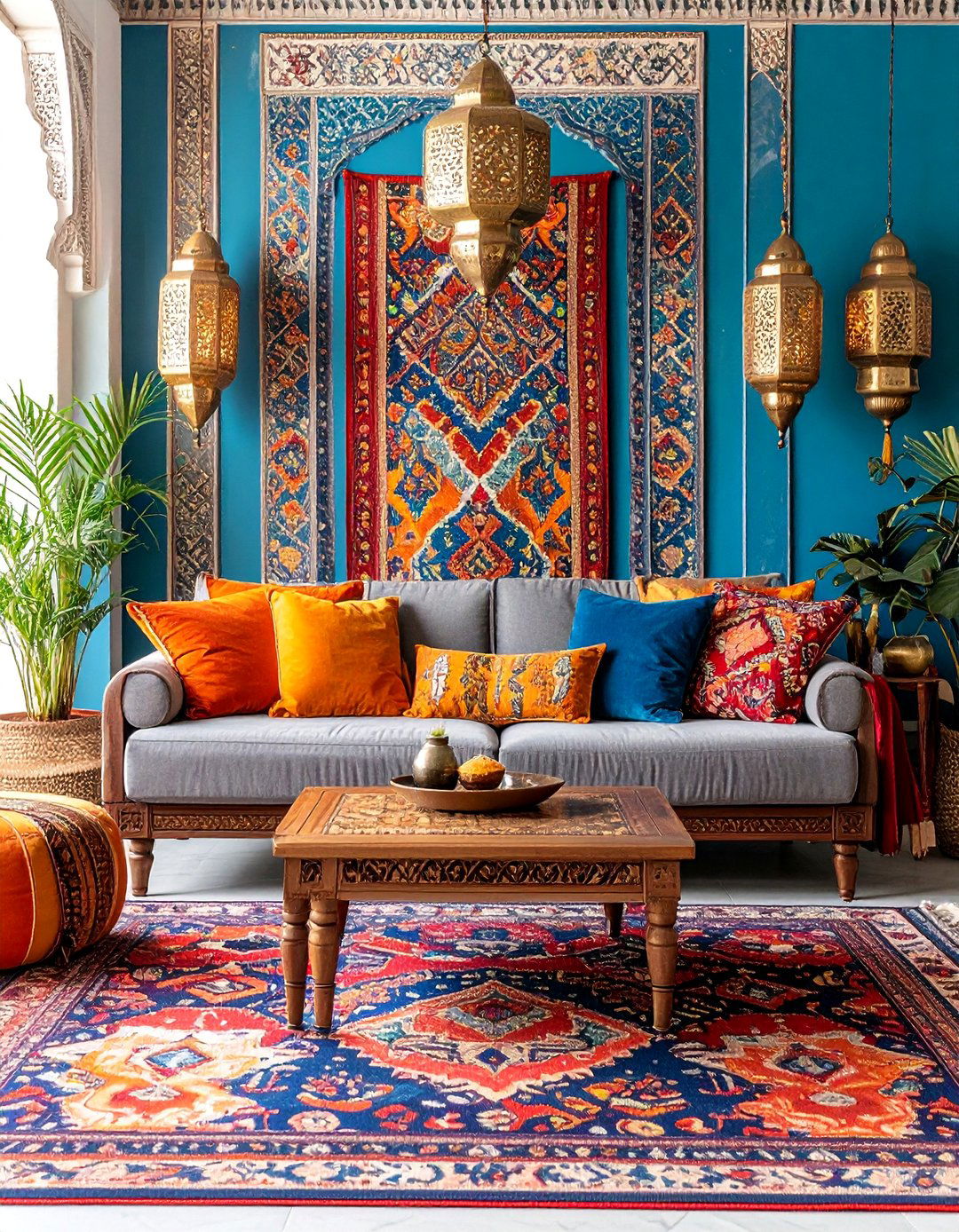 Moroccan Grey Sofa Living Room with Rich Textiles and Ornate Details - 25 Grey Couch Living Room Ideas