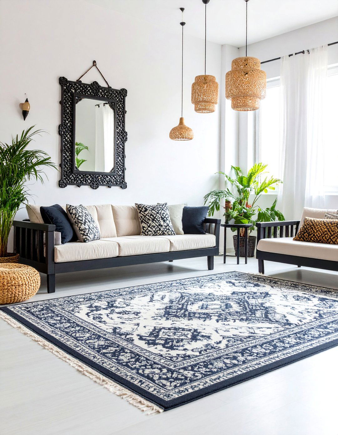 Moroccan Inspired Black and White Medallion Room - 25 Black and White Boho Living Room Ideas