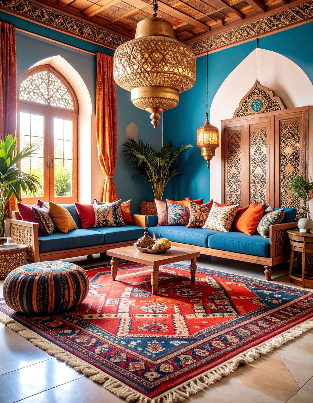 Moroccan Inspired Living Room with Hand Knotted Berber Rug - 25 Living Room Rug Ideas