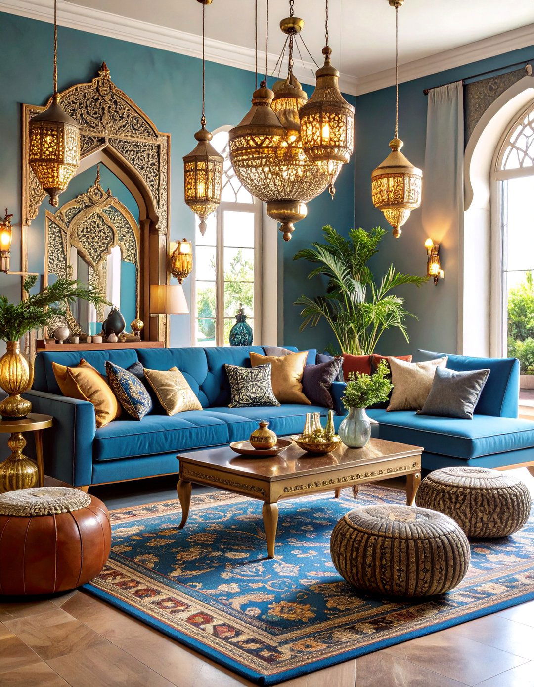Moroccan Inspired Living Room with Jewel Toned Sectional - 25 Colorful Boho Decor Ideas