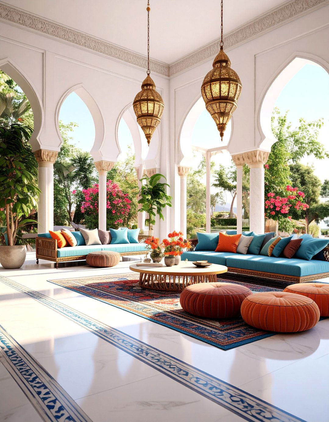 Moroccan Inspired Marble Floor Living Room with Intricate Zellige Borders - 25 Marble Floor Living Room Ideas