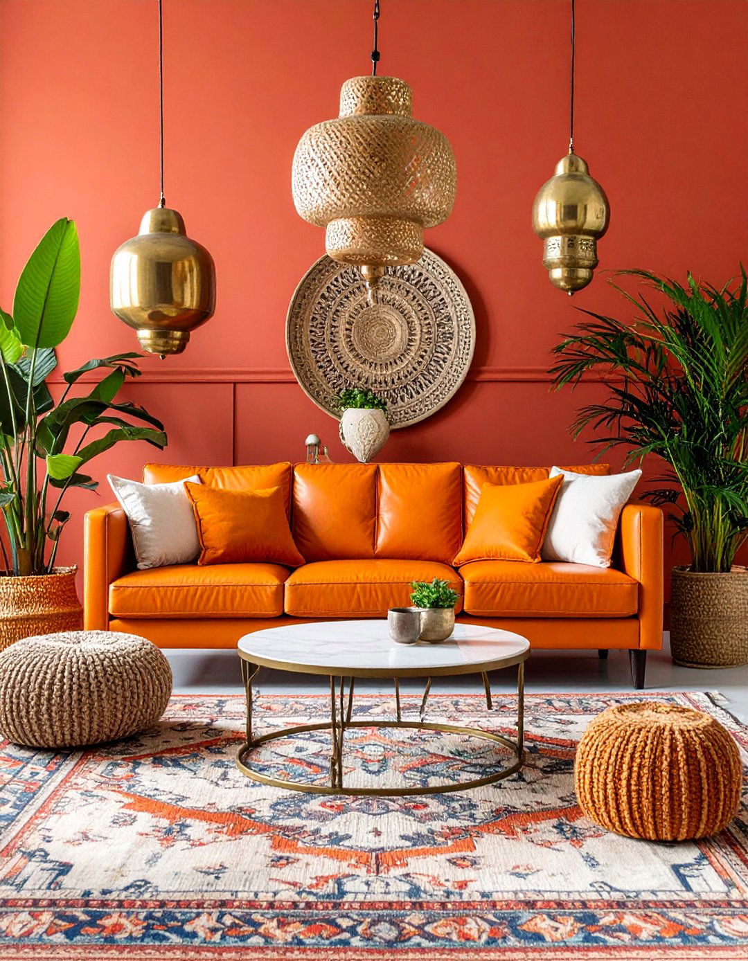 Moroccan Orange Couch Living Room with Ornate Details - 25 Orange Couch Living Room Ideas