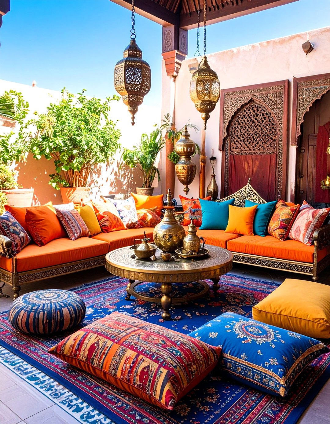 Moroccan Outdoor Living Room with Colorful Textiles - 25 Outdoor Living Room Ideas