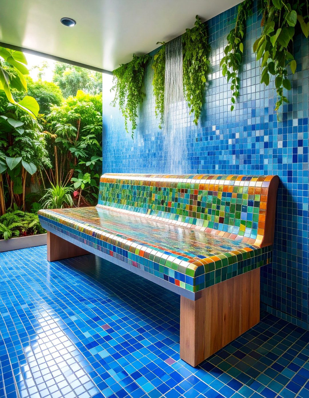 Mosaic Accent Walk In Shower Bench with Color Therapy - 25 Walk in Shower Ideas With Bench
