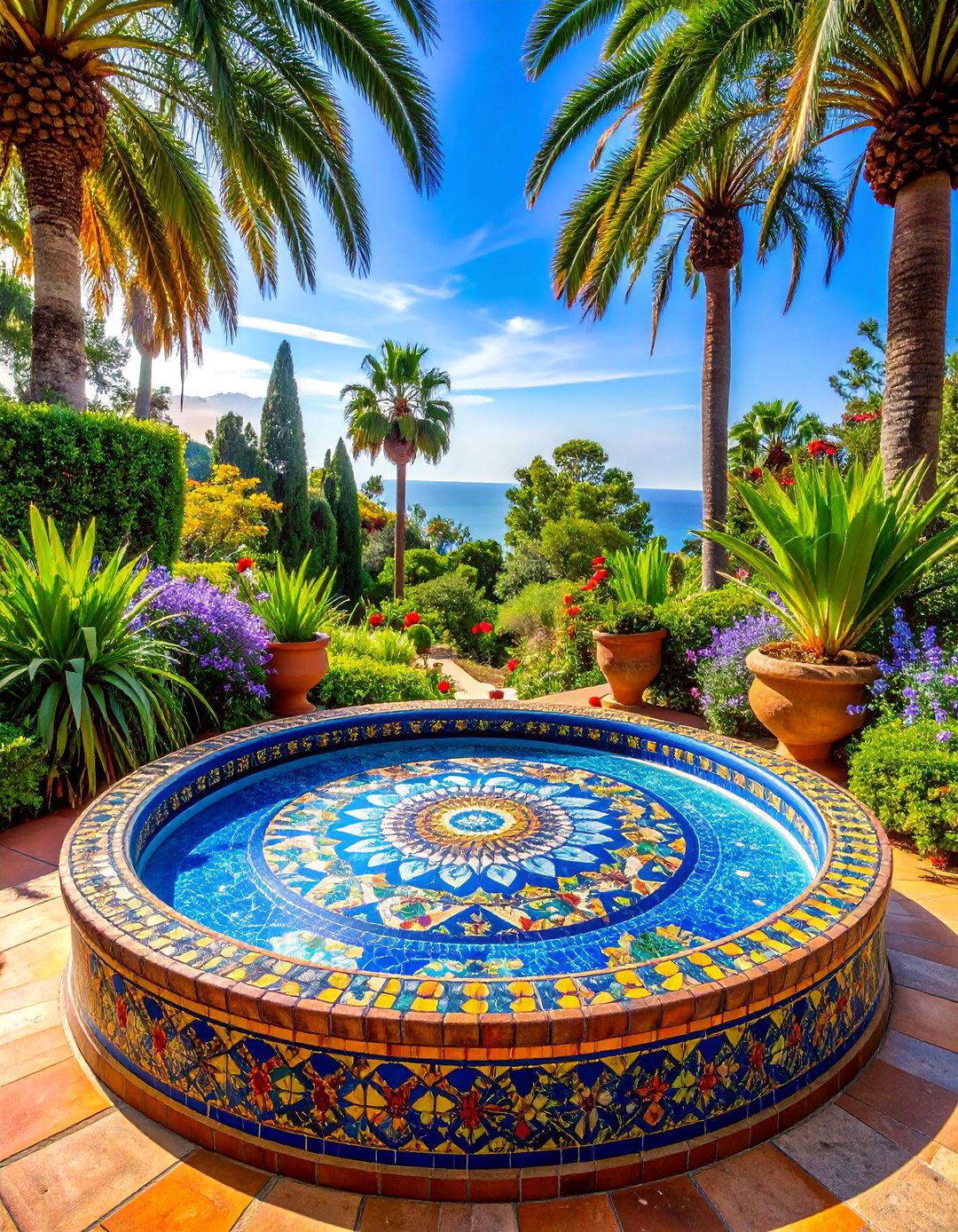Mosaic Art Installation with Mediterranean Garden Surroundings - 25 Garden Centerpiece Ideas