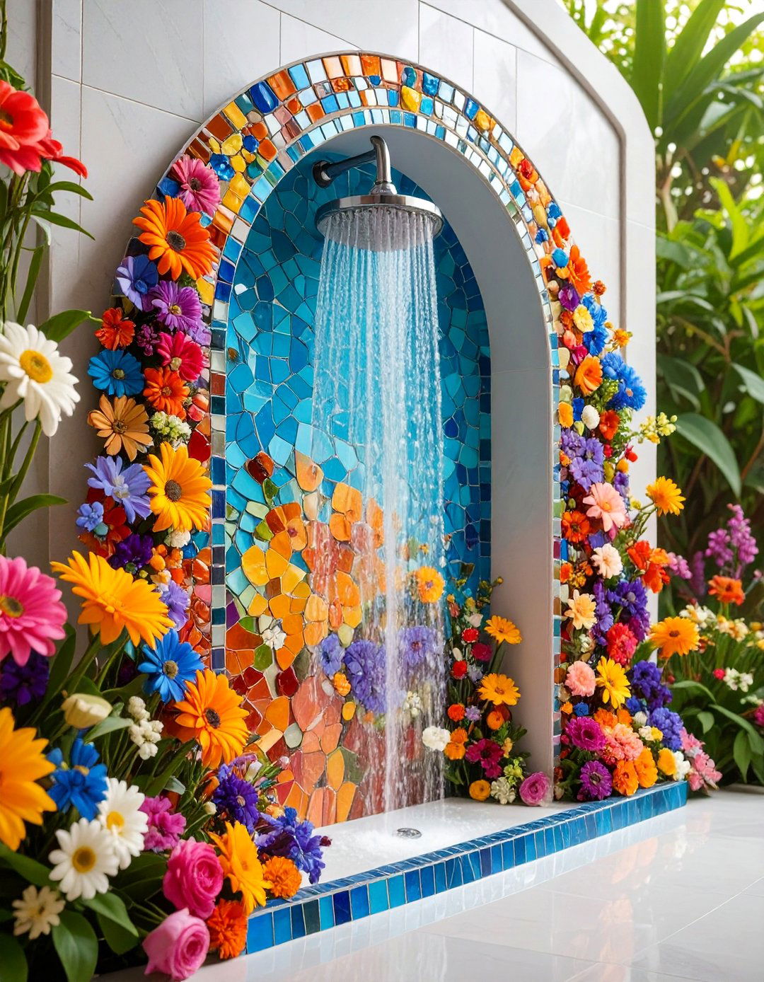 Mosaic Border Shower Niche with Artistic Detail - 25 Shower Niche Ideas