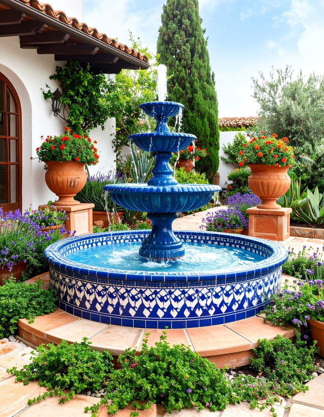 Mosaic Fountain Patio Garden - 25 Mediterranean Garden Ideas
