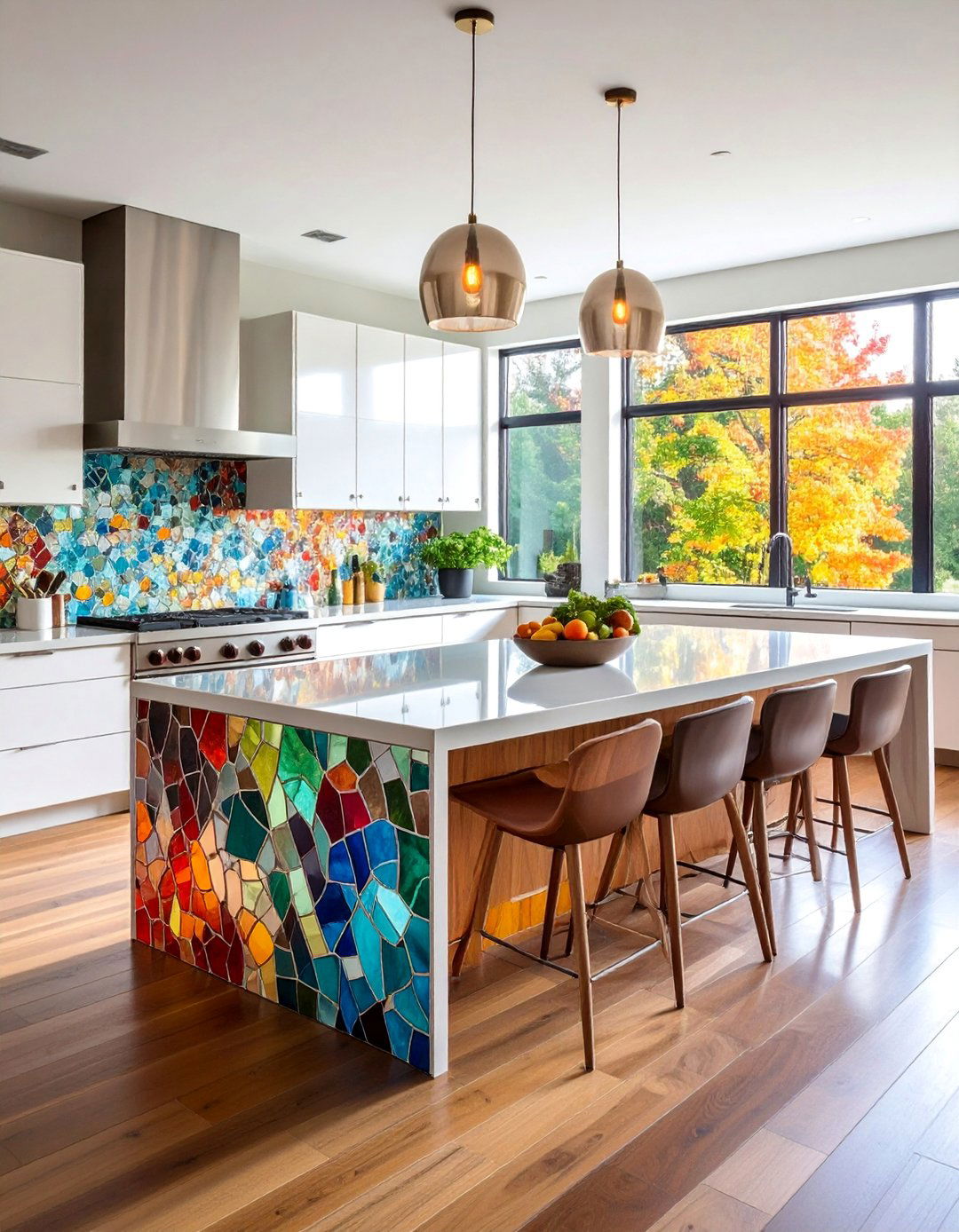 Mosaic Glass Tiles in Gradient Colors - 25 White Cabinet Kitchen Backsplash Ideas