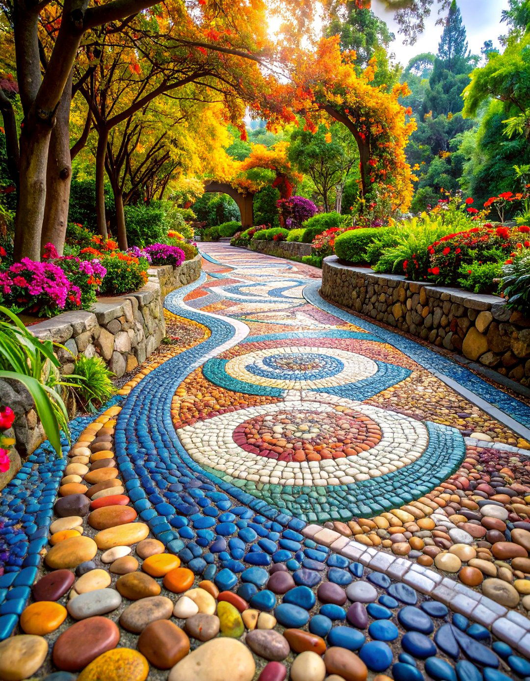 Mosaic River Rock Artistic Pathway Borders - 25 River Rock Edging Ideas