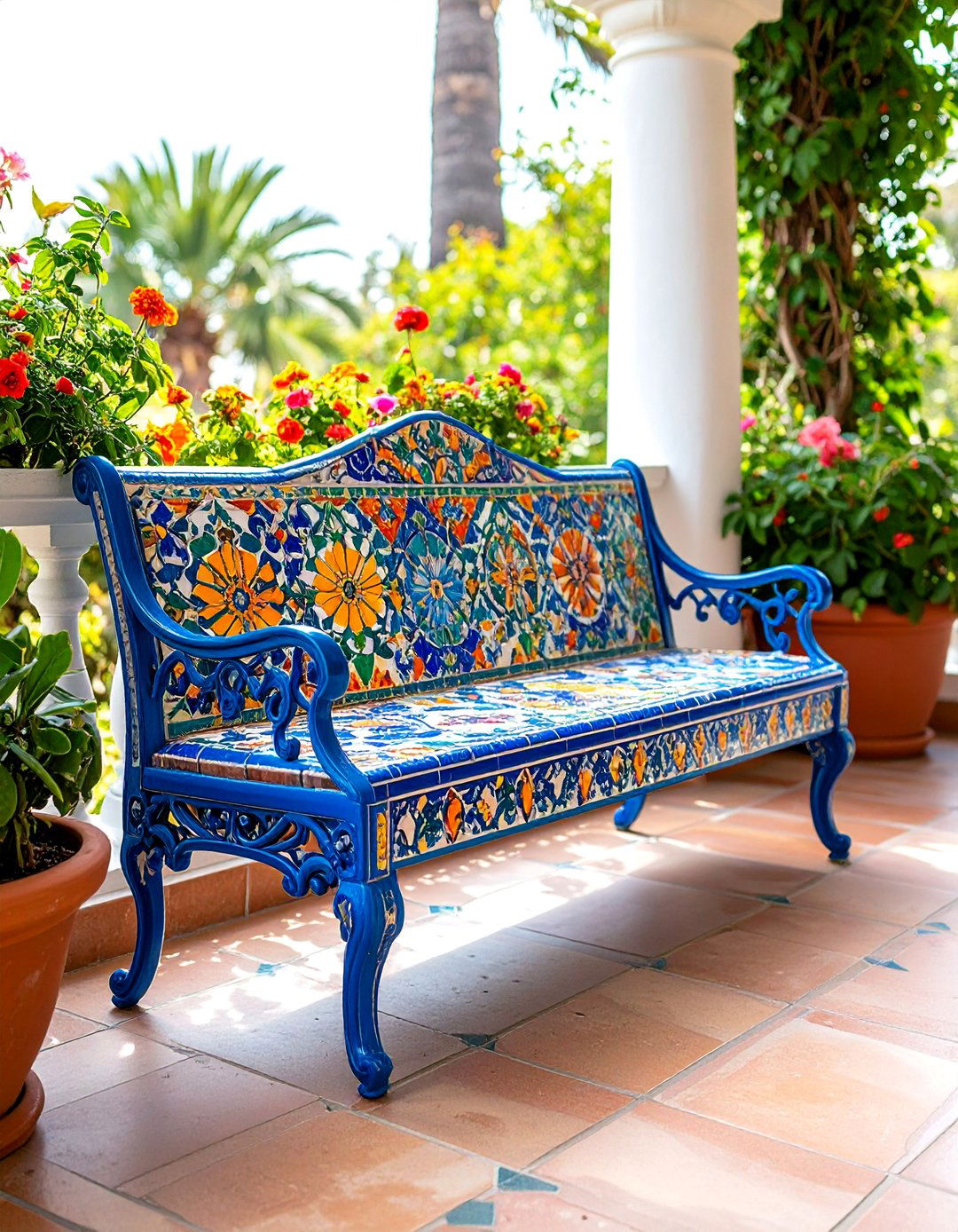 Mosaic Tile Accent Bench - 25 Front Porch Bench Ideas