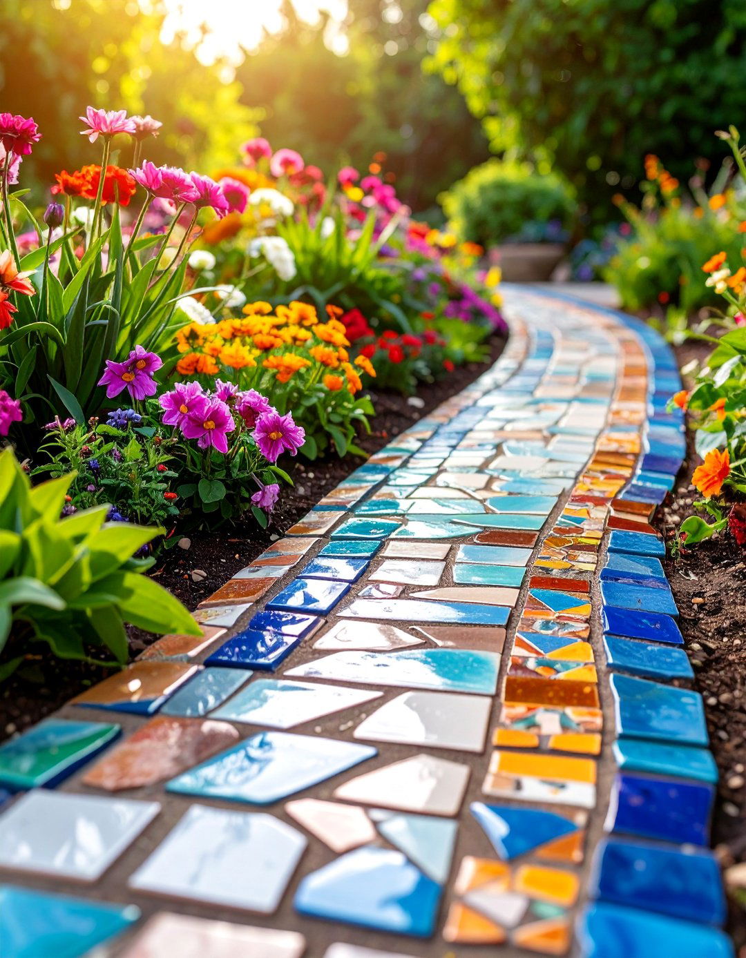 Mosaic Tile Garden Border Art - 25 Recycled Garden Edging Ideas