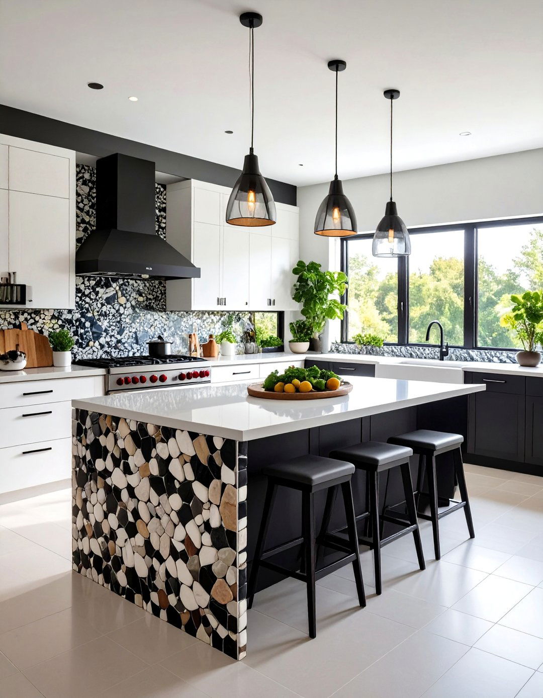 Mosaic Tile Kitchen Backsplash with Mixed Black and White Stones - 25 Black and White Kitchen Backsplash Ideas