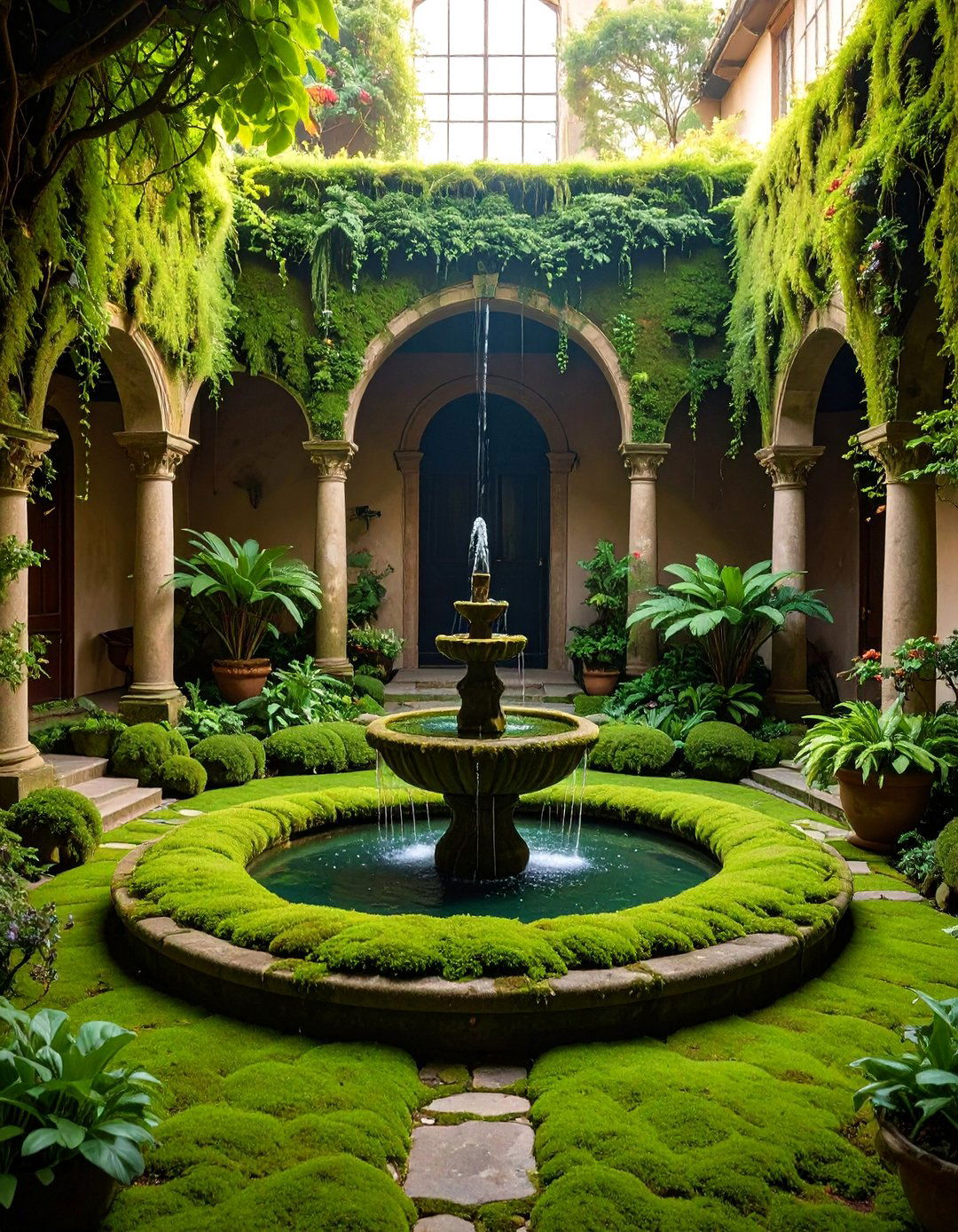 Moss Courtyard Garden with Central Water Feature - 25 Moss Garden Ideas