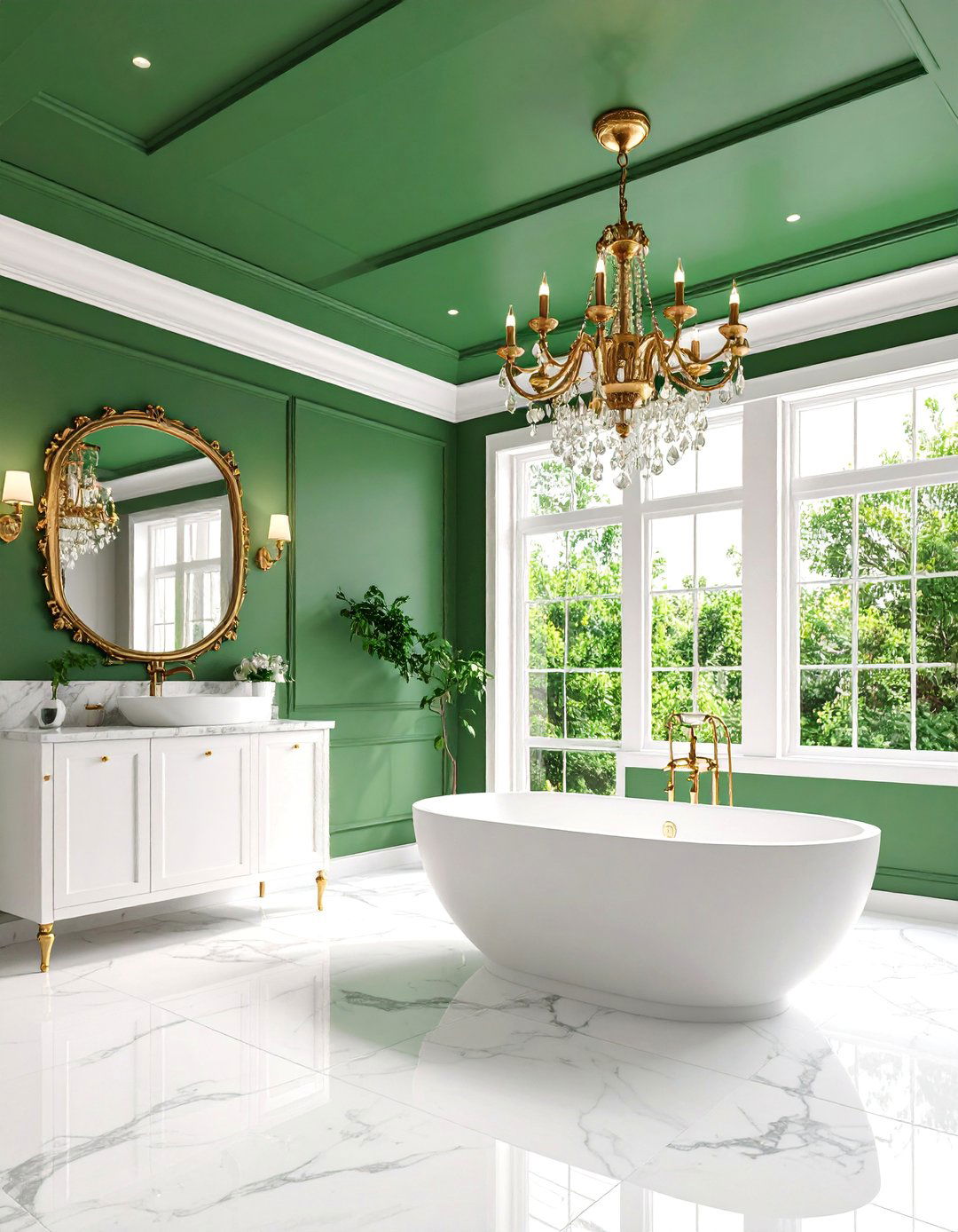 Moss Green Ceiling with Brass Chandelier - 25 Green and Gold Bathroom Ideas