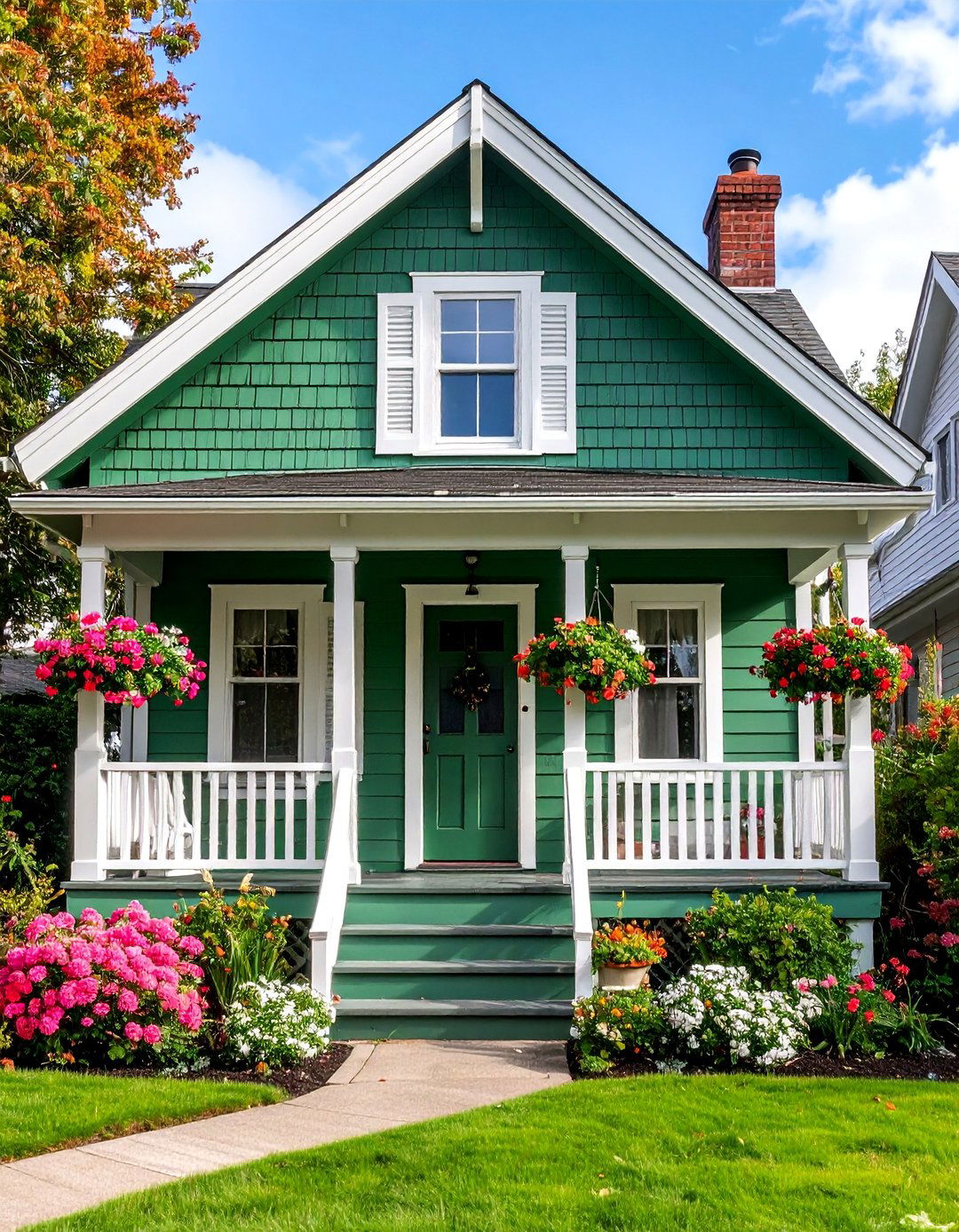 Moss Green Cottage with White Picket Details - 25 Dark Green Exterior Paint Color Schemes