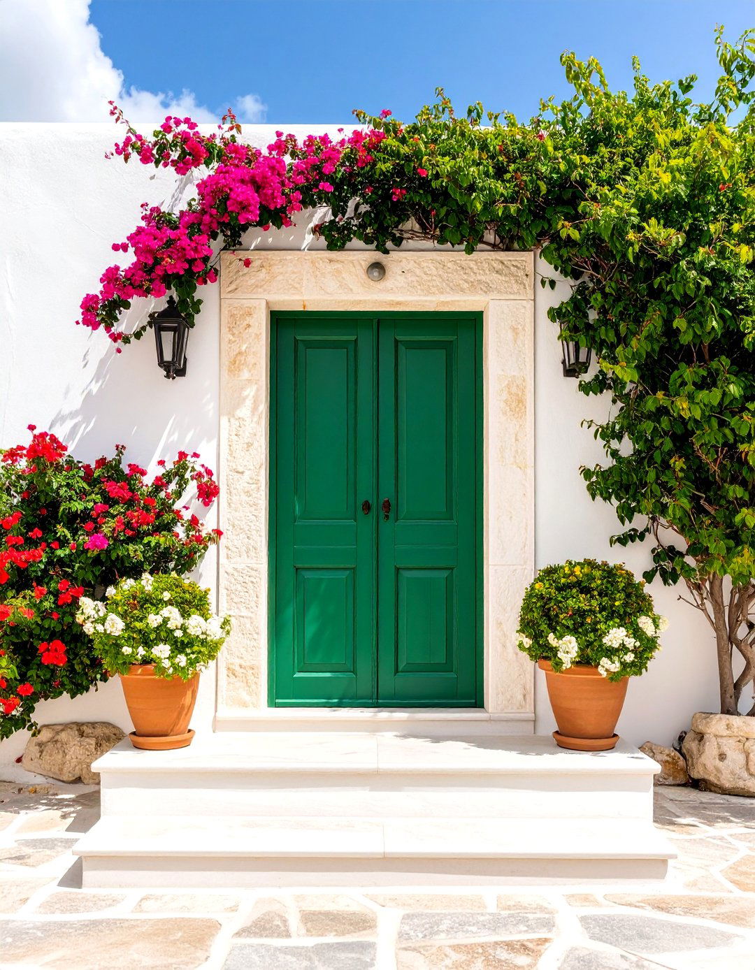 Moss Green Door with Cream Stone Surround - 25 Dark Green Front Door Ideas