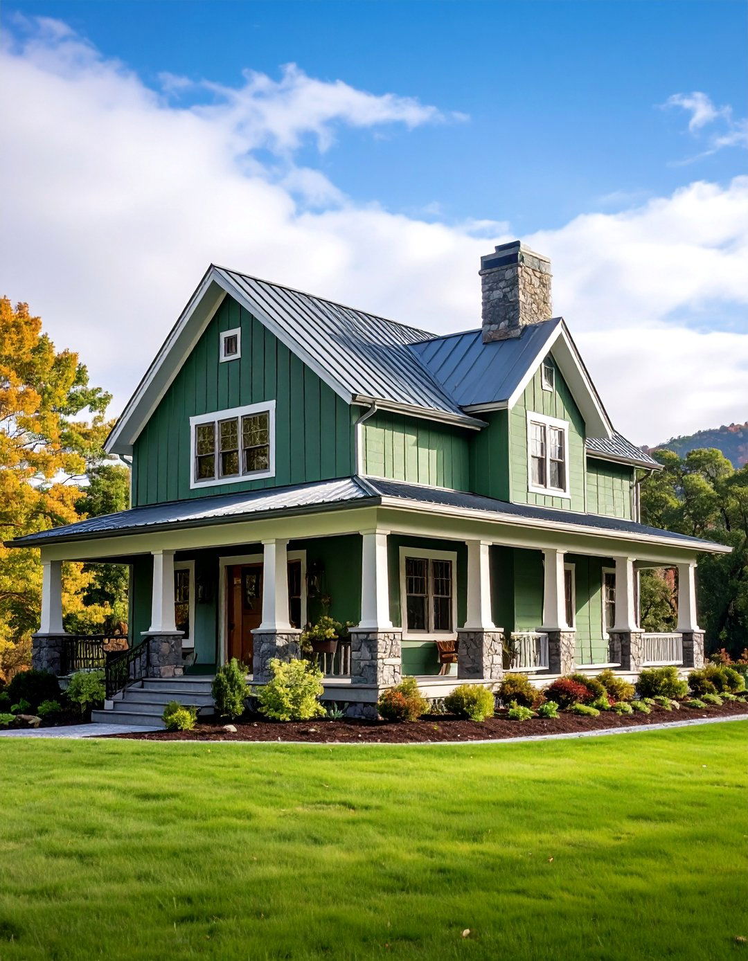 Moss Green Farmhouse with Stone Column Accents - 25 Farmhouse Green Exterior Home Ideas
