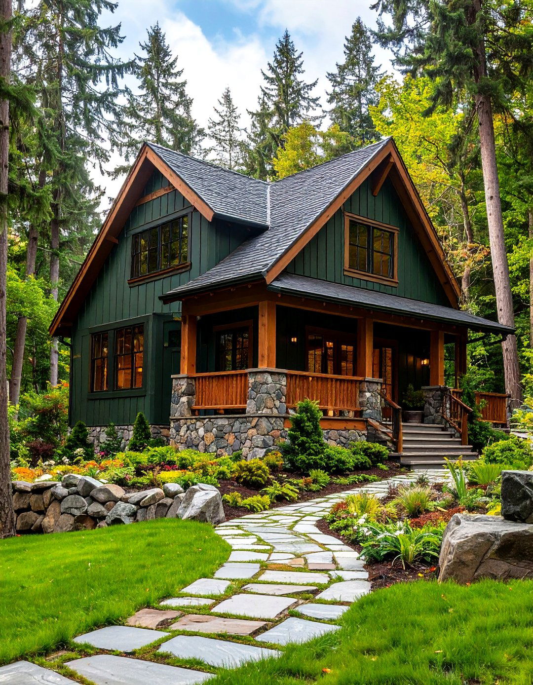 Moss Green Ranch with Stone Foundation - 25 Green Exterior House Paint Ideas