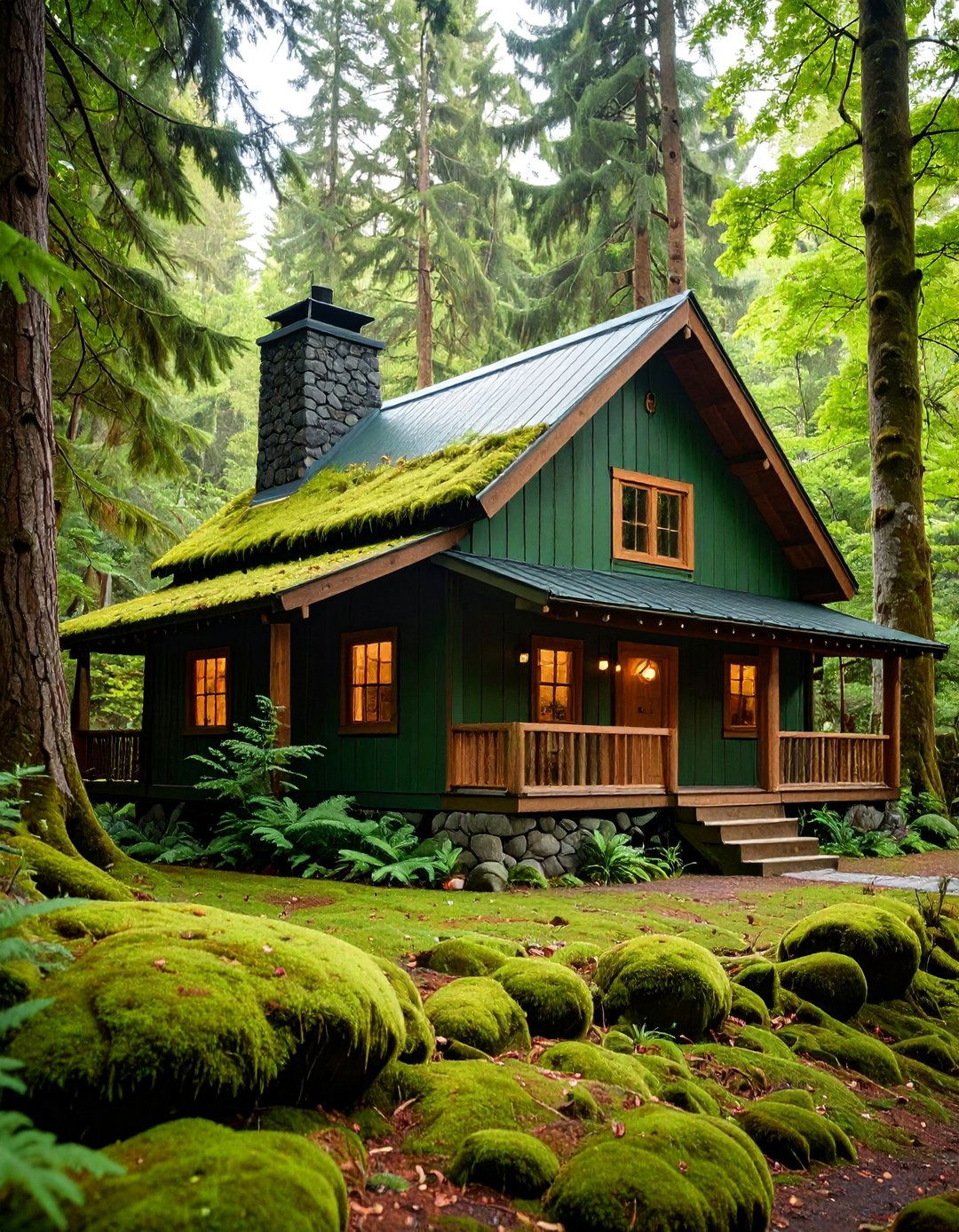 Moss Green Rustic with Black Stone Chimney Accents - 25 Green House Exterior With Black Trim