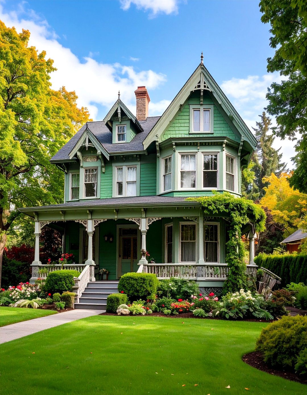 Moss Green Victorian Nature with Stone Gray Trim - 25 Green Victorian House Colors